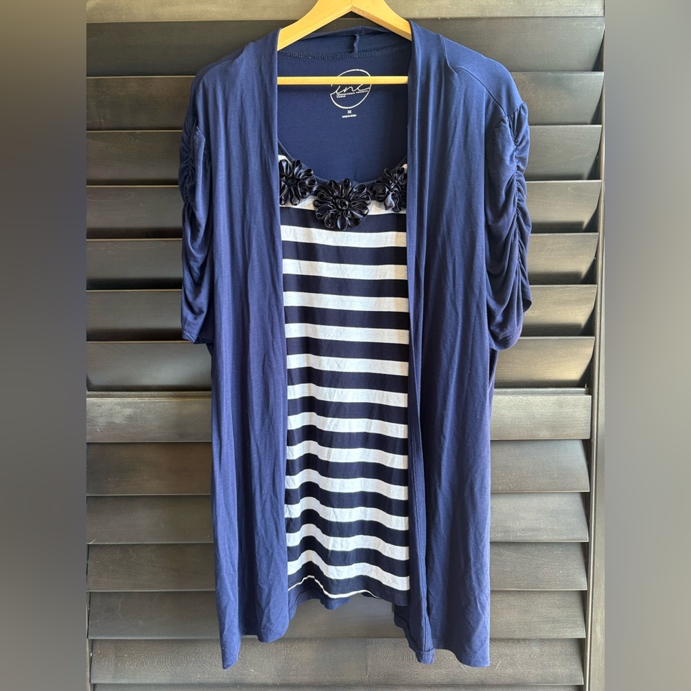 INC Women's 3X Navy White Stripe Short Sleeve Blouse Ribbon Floral Neckline